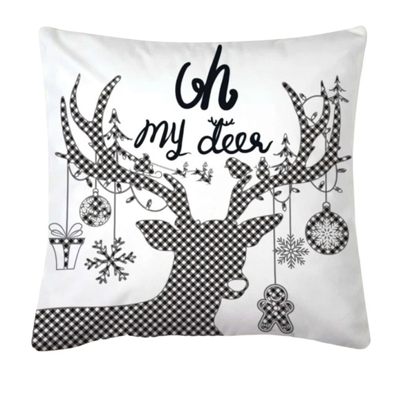 Pillow Cover Deer Christmas Zip Up Farmhouse White Black Plaid Large 17.7 in - Picture 2 of 14